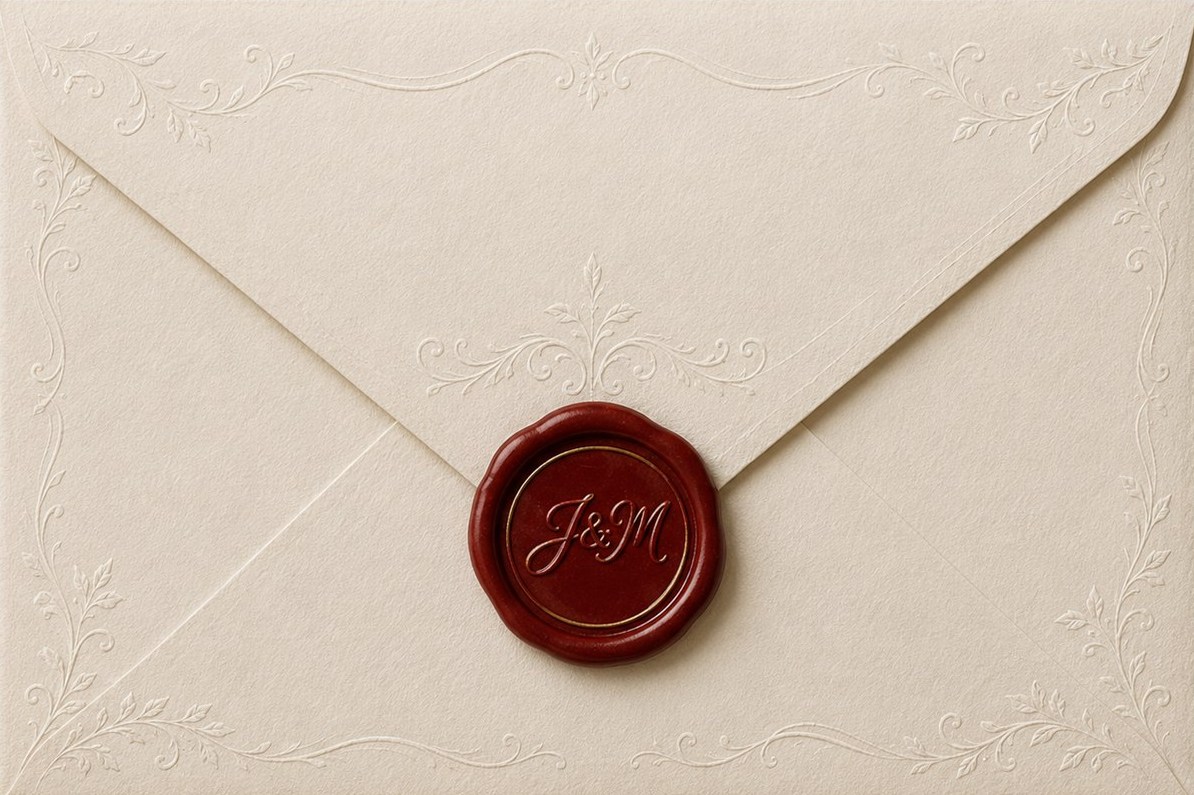 Cream wedding envelope with the J&M wax seal